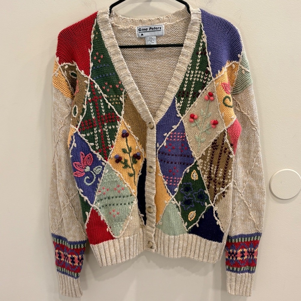 VTG 90s Gina Peters Patchwork Floral Embroidered Cardigan Sweater Small Cottage